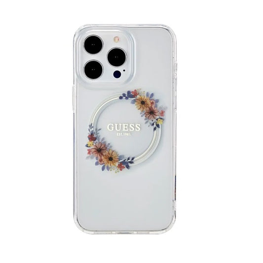 CARATULA GUESS MAGSAFE FLOWER RING IPHONE 15 TRANSPARENTE