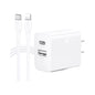 CARGADOR DE PARED DUAL TIPO C/USB-A  20W/SALIDA TIPO C 1HORA