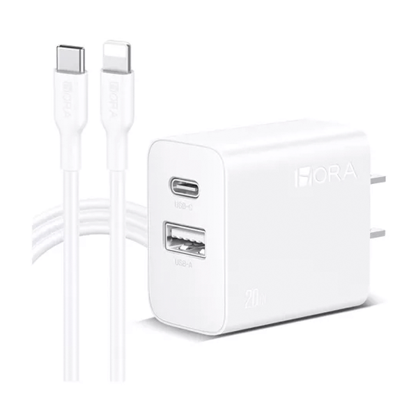 CARGADOR DE PARED DUAL TIPO C/USB-A  20W/SALIDA LIGHTNING 1HORA