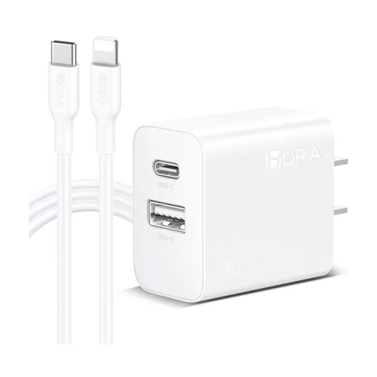 CARGADOR DE PARED DUAL TIPO C/USB-A  20W/SALIDA LIGHTNING 1HORA