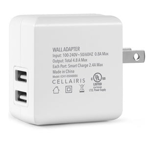 ADAPTADOR DUAL USB PARA PARED CARGA RAPIDA (4.8 AMP) CELLAIRIS 04-0150055 (6697205334224)