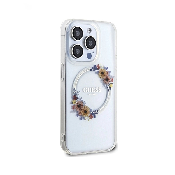 CARATULA GUESS MAGSAFE FLOWER WREATH IPHONE 15 PRO MAX TRANSPARENTE